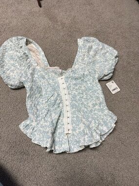 Free People Powder Blue Floral Puff Sleeve Peplum Blouse